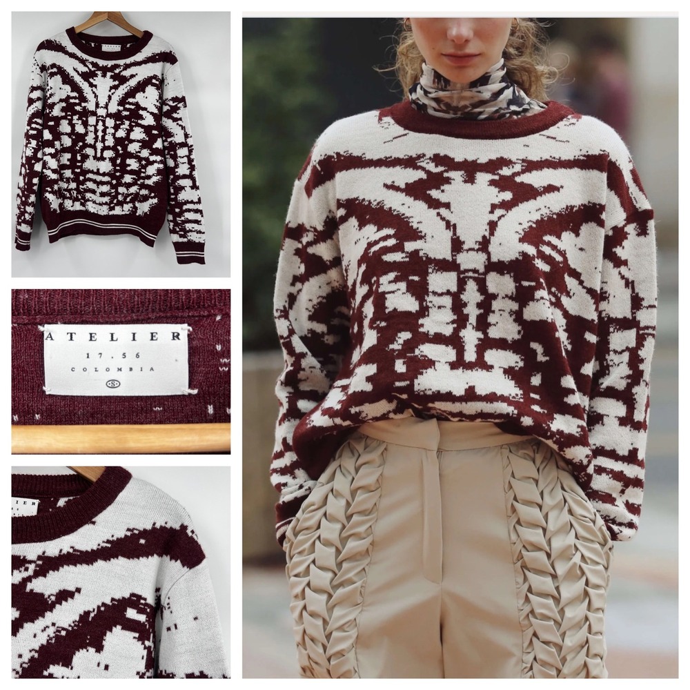 ATELIER 17‎ 56 Colombia Knit Sweater Burgundy White Abstract Geometric Size S